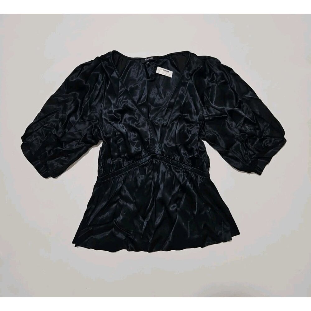 Madewell Shirred Puff-Sleeve Top in Satin Black Size Medium Kathleen NT234